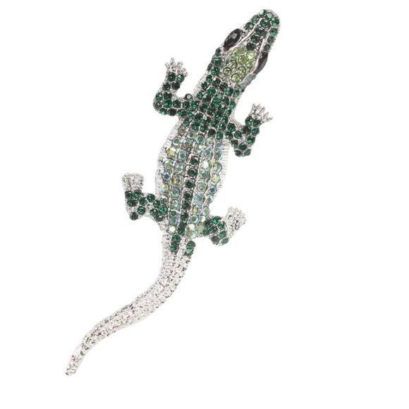 Green Crystal Rhinestone Alligator Brooch Pin Jewelry Silver Tone - Picture 1 of 2